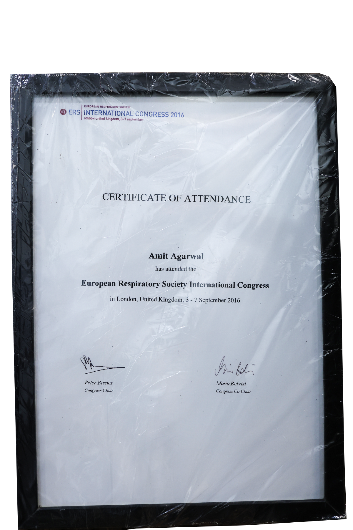 European Respiratory Society (ERS) International Congress 2016 Certificate